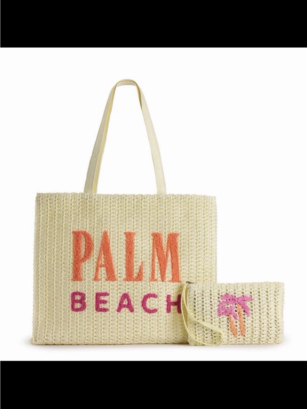 Palm Beach Straw Tote Bag with wristlet with Pink & Orange Embroidery